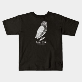 Barn Owl with Common and Latin Names - black and white bird design Kids T-Shirt